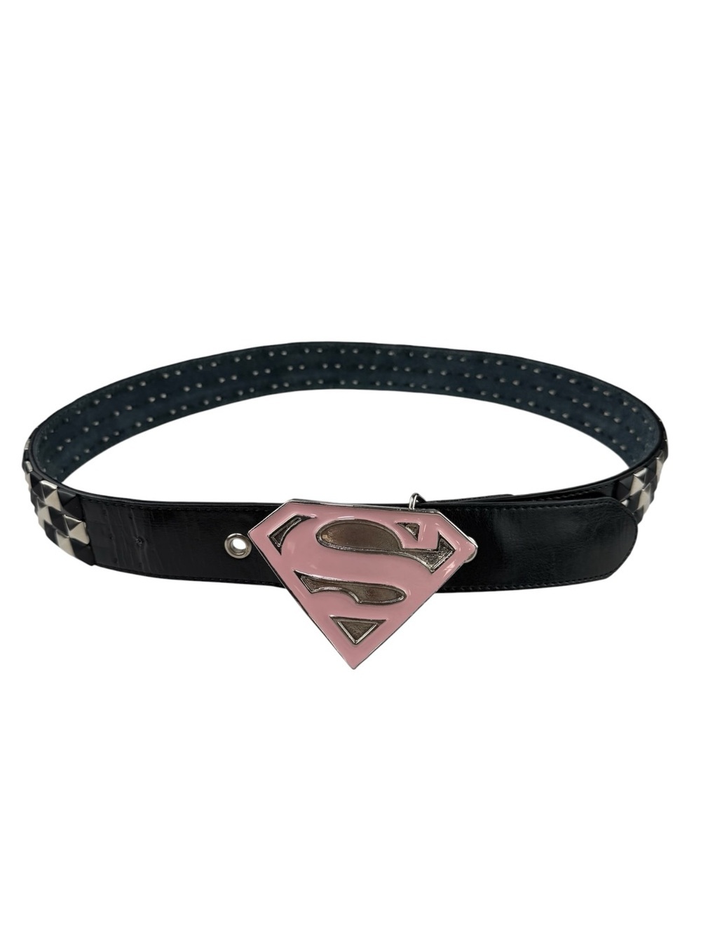 Studded Leather Belt with Pink Superman Buckle Size Medium Y2K - Picture 2 of 10